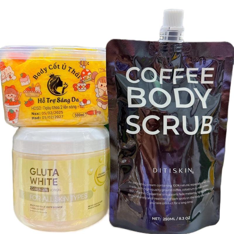 Bộ 3 Trắng Mạnh Kem cốt thái mix ủ trắng glutawhite tẩy da chết sữa non