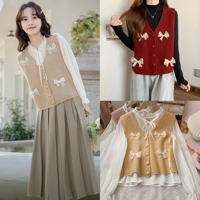 Áo Len Gile Nữ Trơn Cài Cúc Cổ Chữ V Thiết Kế Đính Nơ Phong Cách Thời Trang Mùa Đông GL696