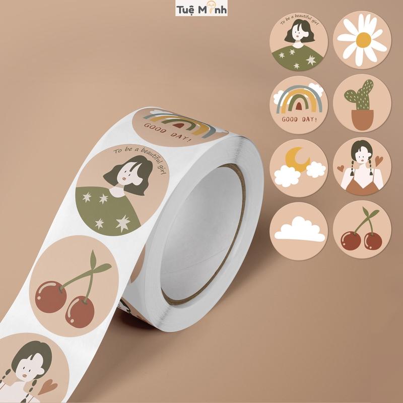 Cuộn 500 Sticker cute tròn hoạt hình Cô gái, Gấu Thỏ TE03, decal nhãn dán trang trí bao bì dễ thương