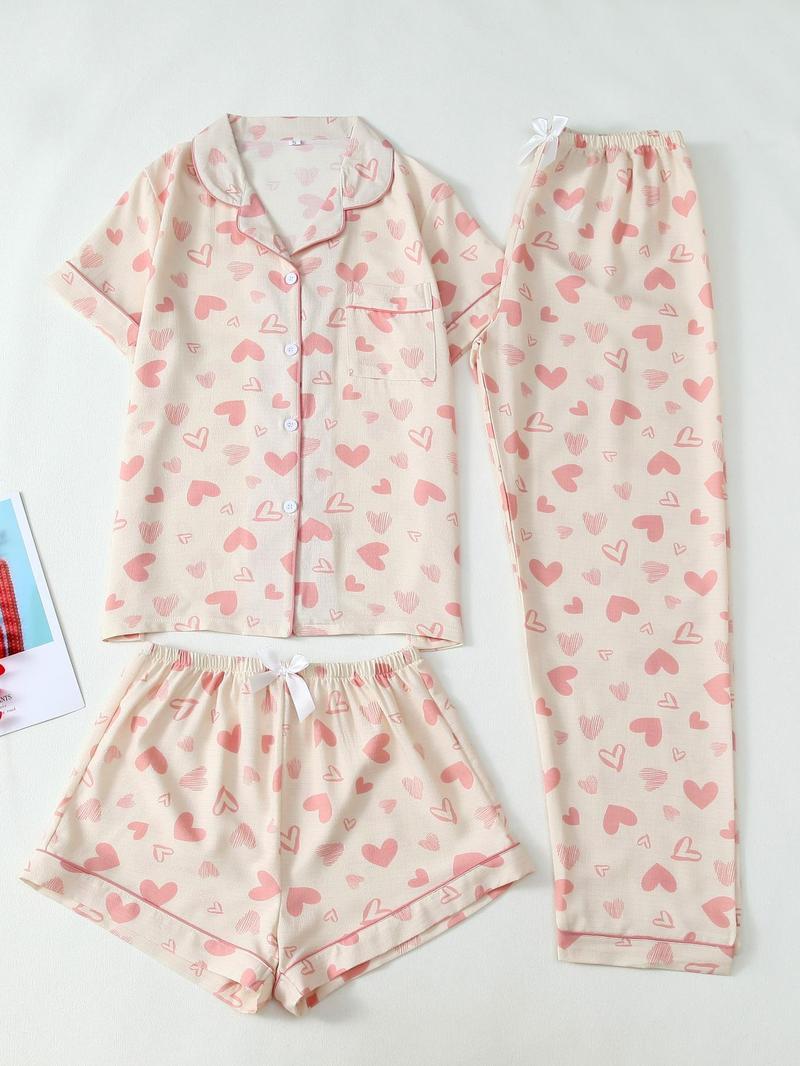Product Introduction of Three-piece Set Women's Heart Print Top & Pants & Shorts Pyjama Set, Casual Comfy Round Neck Short Sleeve Top & Trousers & Shorts Pj Set, Ladies Sleepwear for All Seasons 3