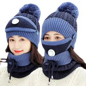 Knitted Winter Benies Pompom Hat Scarf er 3 in 1 Import