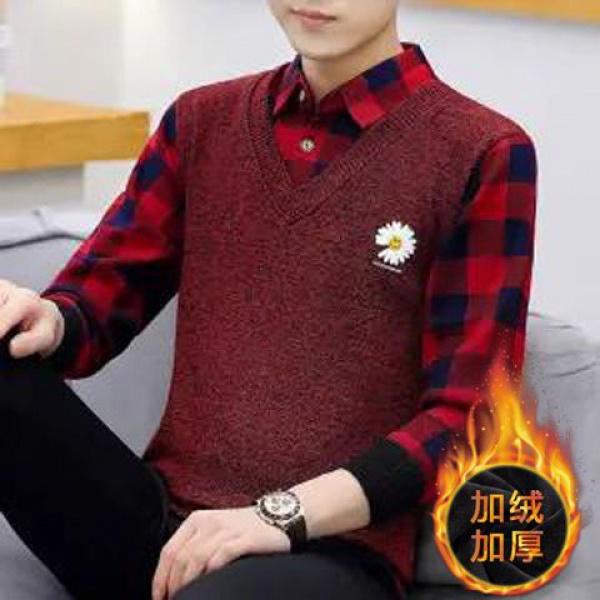 Not Fleece-lined/Fleece-lined Autumn and Winter Men's Youth Top Sweater Warm Thickened Sweater Fake Two Pieces Shirts Men 5
