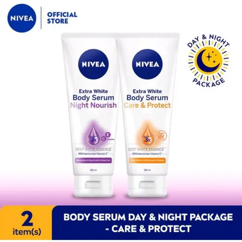 (2pcs)PAKET HEMAT NIVEA Body Serum Siang Malam (Extra White Care & Protect 180mL+ Extra White Night Nourish 180mL) Mencerahkan Tubuh Hand Lotion Scrub Pencerah
