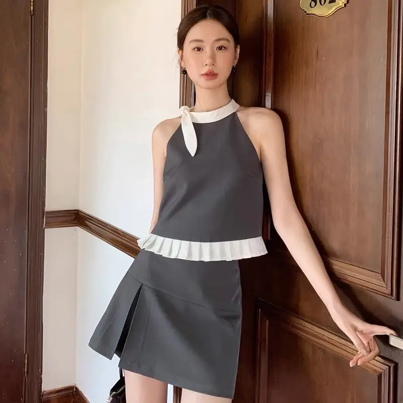 Set áo váy nữ cổ nơ và chân váy xếp li tiểu thư sang chảnh Hottrend 2024 0