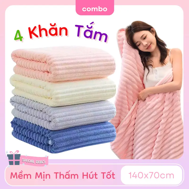 combo 4 Khăn Tắm Sợi Cotton Cao Cấp Mềm Mịn Thấm Hút Không Ra Màu 0