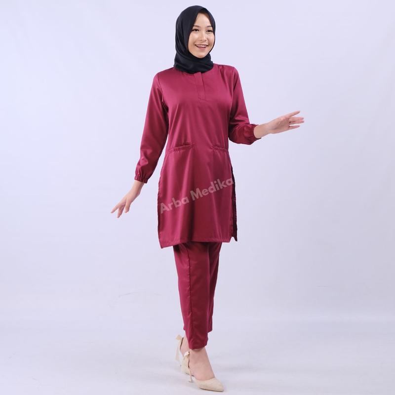 Baju OKA OK Tunik celana lengan panjang karet Dokter Bidan Perawat Wanita adem lembut 3