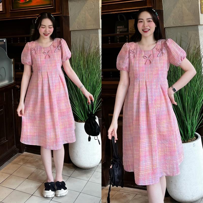 MUMMUM/Đầm bầu karo vintage xếp ly nơ xinh xắn, vintage thoải mái dễ thương xinh xắn, đầm bầu Nữ Dress Women