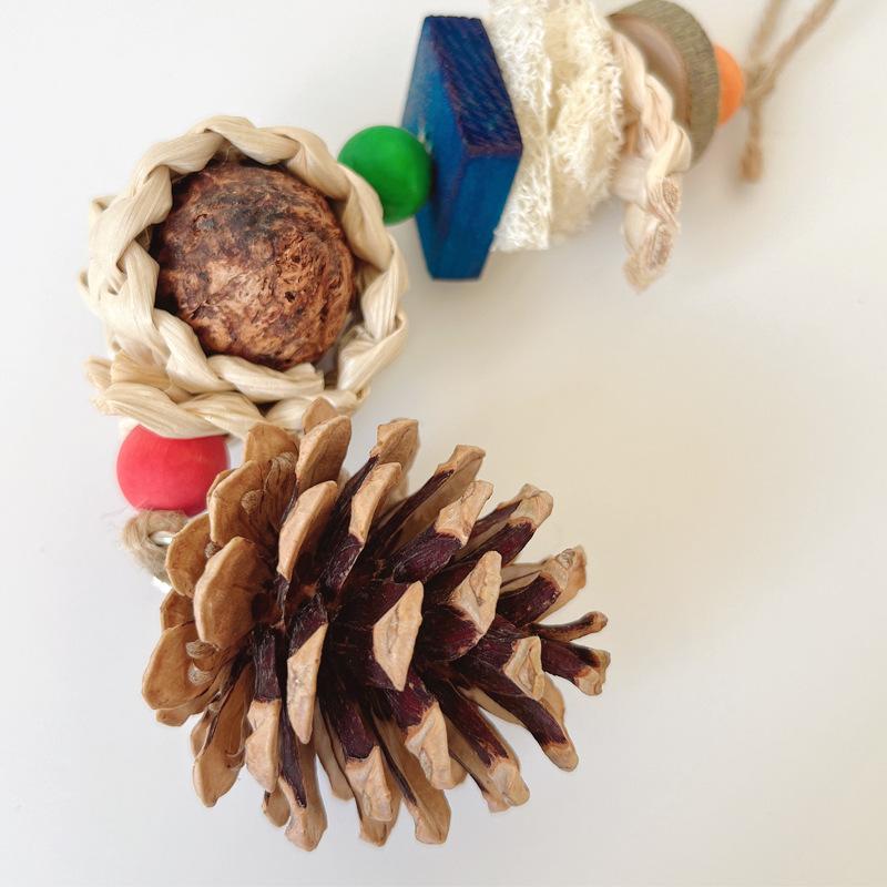 Product Introduction of Small and Medium Parrot Toys Chewing Boredom Play Corn Braid Pine Cone Rattan Ball Bite String Bird Grinding Beak String Pet Toys Hanging Ornaments 1