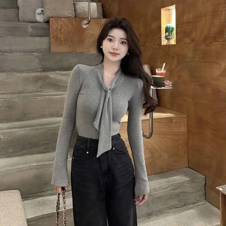 Áo Thun nữ dài tay có dây cổ dài thắt nơ, dáng ôm phong cách Thanh Lịch T061,Top Women Cotton