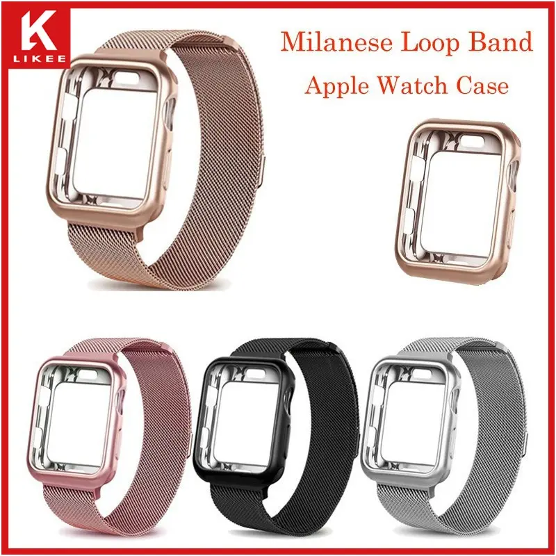 เคส + สายรัด 2 in 1 สายสแตนเลส เหมาะสำหรับ Apple Watch Series 9 8 7 6 5 4 3 2 1 SE ULTRA สำหรับ iwatch 41mm 45mm 38mm 40mm 42mm 44mm ฝาครอบมิลาน เคสกันกระแทก พร้อมขายึด