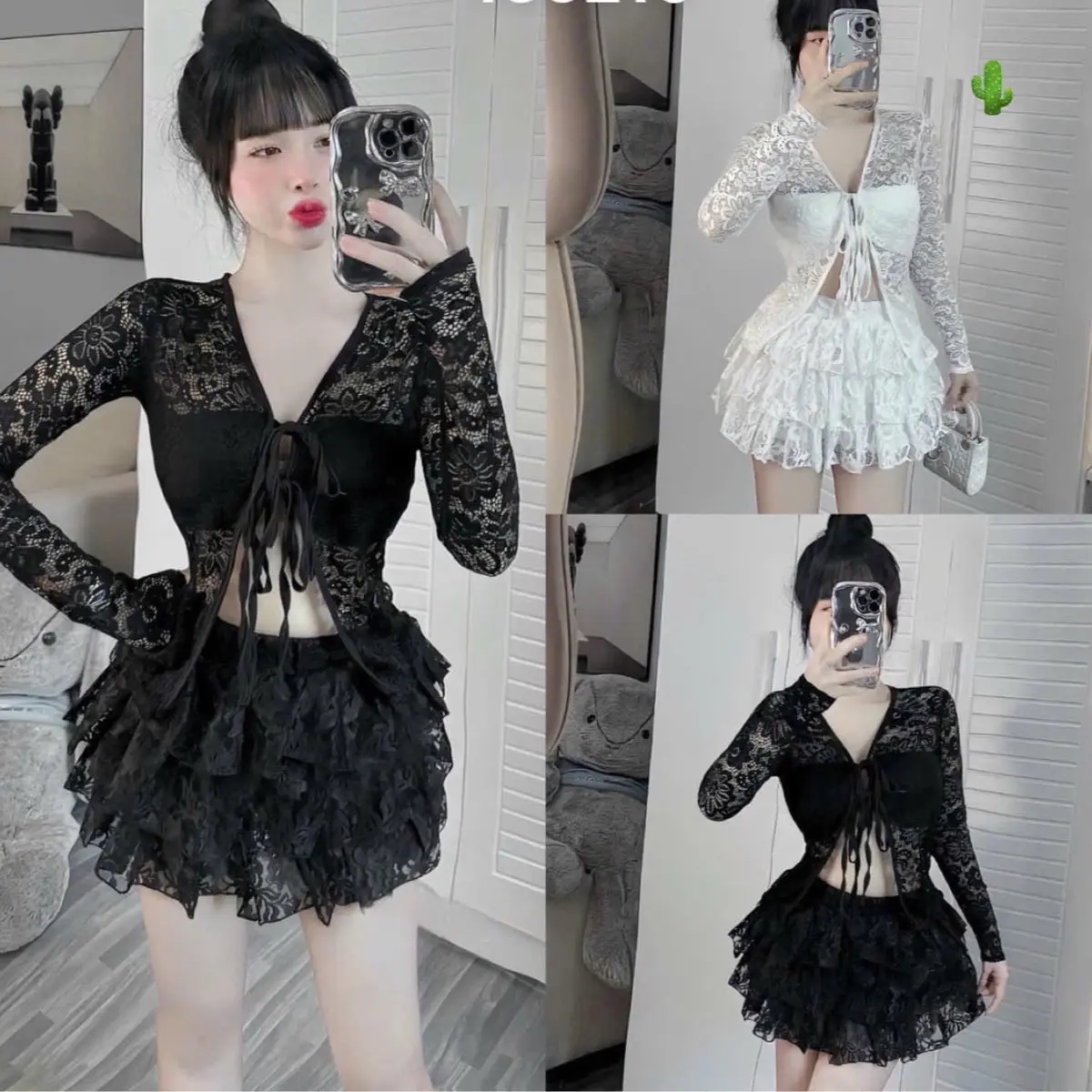 Set ren nữ áo cổ V tay dài buộc ngực, chân váy 3 tầng xoè PC0070 top women