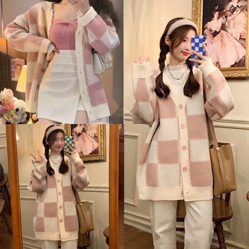 Áo khoác cardigan nỉ bông kẻ caro hồng trắng form rộng dài tay cổ v khuy cài hàn quốc, Áo cardigan nữ dài ulzzang, CONAN SHOP Top Top Women
