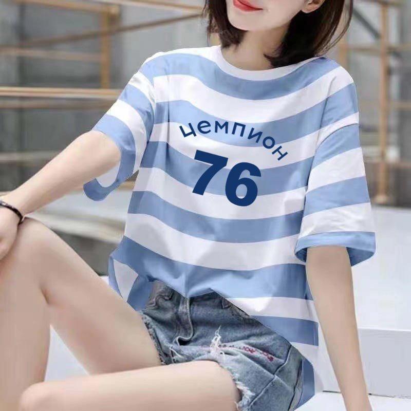 Product Introduction of Áo phông ngắn tay Kẻ sọc Gấu và Số 76 T34-T51 Top Nữ Nữ Women Cổ Tròn Cổ Tròn 1