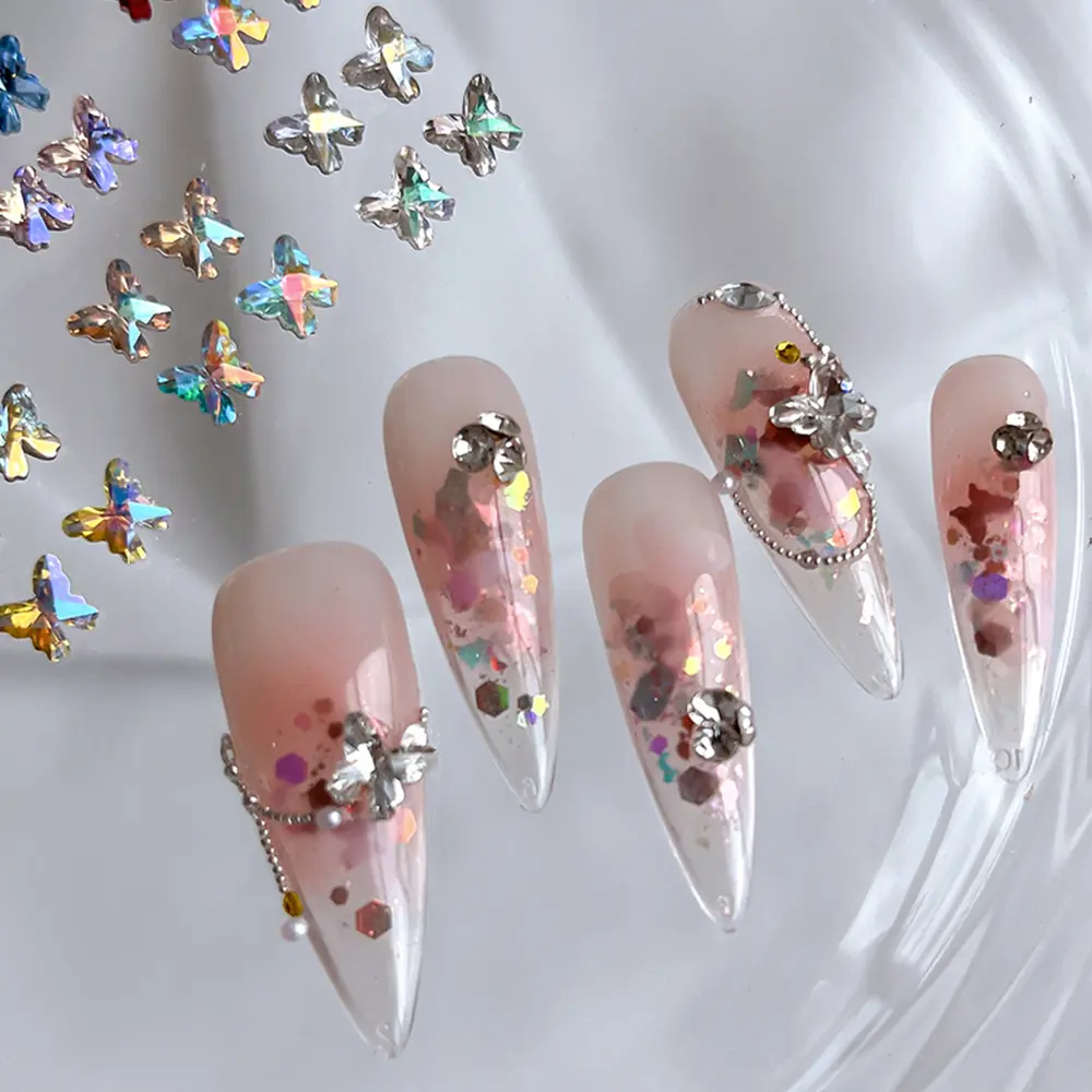 5PCS Nail Art Birds Nest Cut Mini Butterfly Diamond Jewelry Ice Transparent Flashing Pointed Bottom Drill Nail Decoration Manicure Tool For Nail Shop