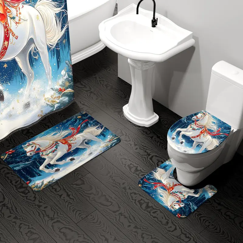 Christmas Horse Pattern Shower Curtain Set, 4 Counts/set Including Shower Curtain & Toilet Lid Cover & Rectangular Mat & U-shaped Mat, Bathroom Accessories 3
