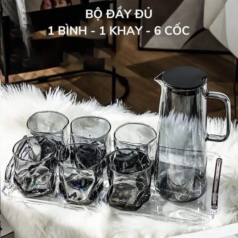 Bộ Bình Cốc lượn sóng phong cách bắc âu sang chảnh,mẫu mới nhất  .Bộ bình cốc kèm khay meka có chữ 0