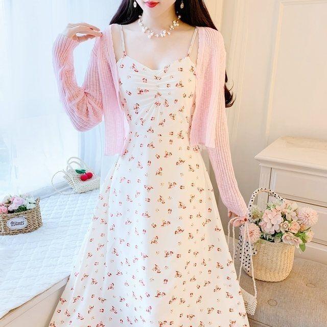 Váy Mùa Hè, Hàng Mới Về 2024, Váy Hai Dây Tiệc Trà Hoa Kiểu Pháp, Áo Cardigan Chống Nắng, Bộ Hai Mảnh Siêu Thanh Lịch 0