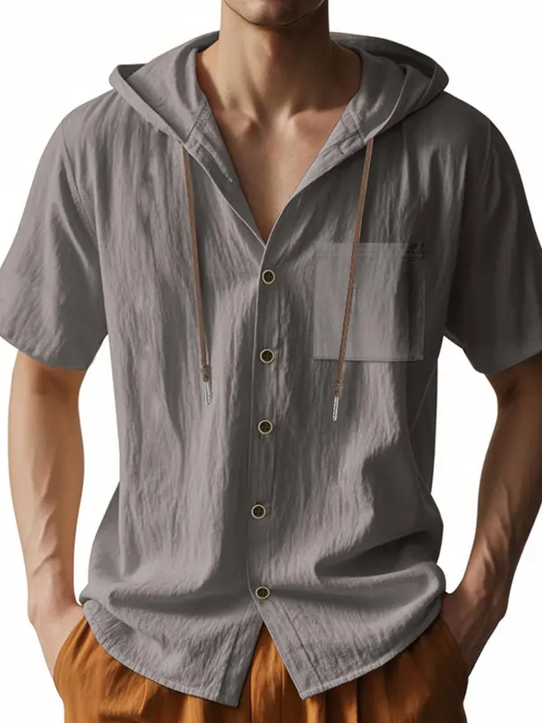 Men's Solid Color Thin Breathable Linen Shirt, Casual Short Sleeve Hooded Top for Summer, Fashion Men's Clothes for Daily Wear, Gamis 4