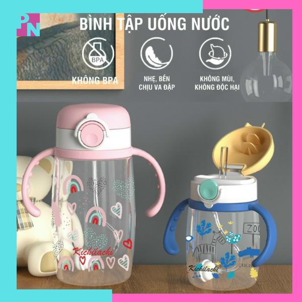 Bình nước cho bé bình nước có ống hút bình tập uống Kichilachi dung tích 220ml 350ml (Không BPA)