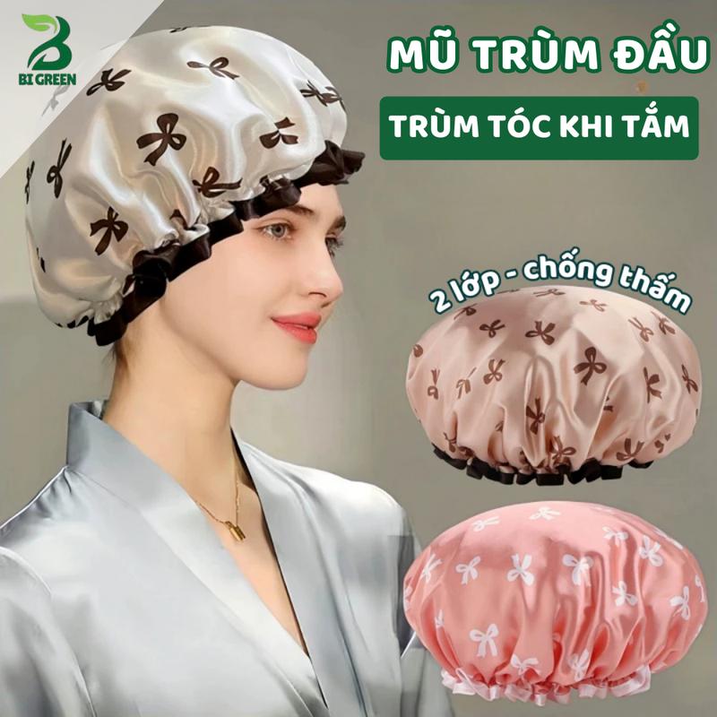 Mũ Tắm Trùm Tóc 2 Lớp Chống Nước Mũ Ủ Tóc Trùm Tóc Khi Tắm Họa Tiết Nơ Co Giãn Không Ướt Tóc BiGreen