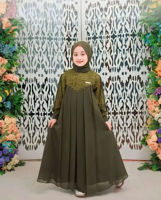 Inara Kids Set Pashmina Gamis Anak Perempuan 5-13 Tahun Dress Kondangan Setelan Anak Gamis Brukat Baju Wanita Muslim Syari Ceruty 5