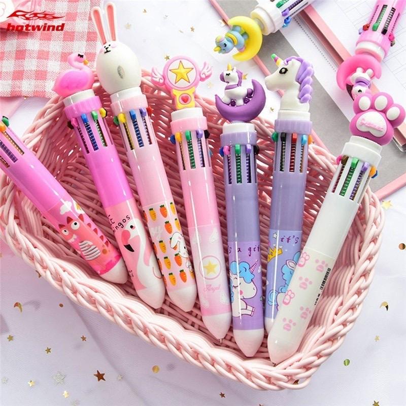 Bút bi bấm 10 ngòi 10 màu hình thú dễ thương