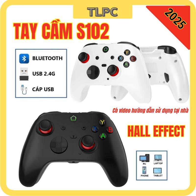 Tay cầm chơi game S102 - 2025 độ cần Hall Joystick xoay 360 kết nối bluetooth Receiver 2.4G và cắm dây mặt sau có 2 nút Macro ghi gán Skill