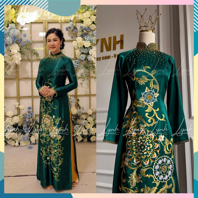 Áo dài bà sui Xanh thêu hoa văn đính ngọc cổ tô châu cao cấp - Áo dài LYNH Voan Nữ Voi Sen Hoa Sen Women Dress