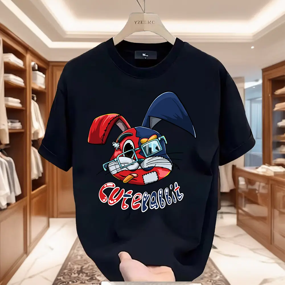 100% katun Boneka Kelinci Terkutuk mencetak kaos lengan pendek pria longgar dan nyaman