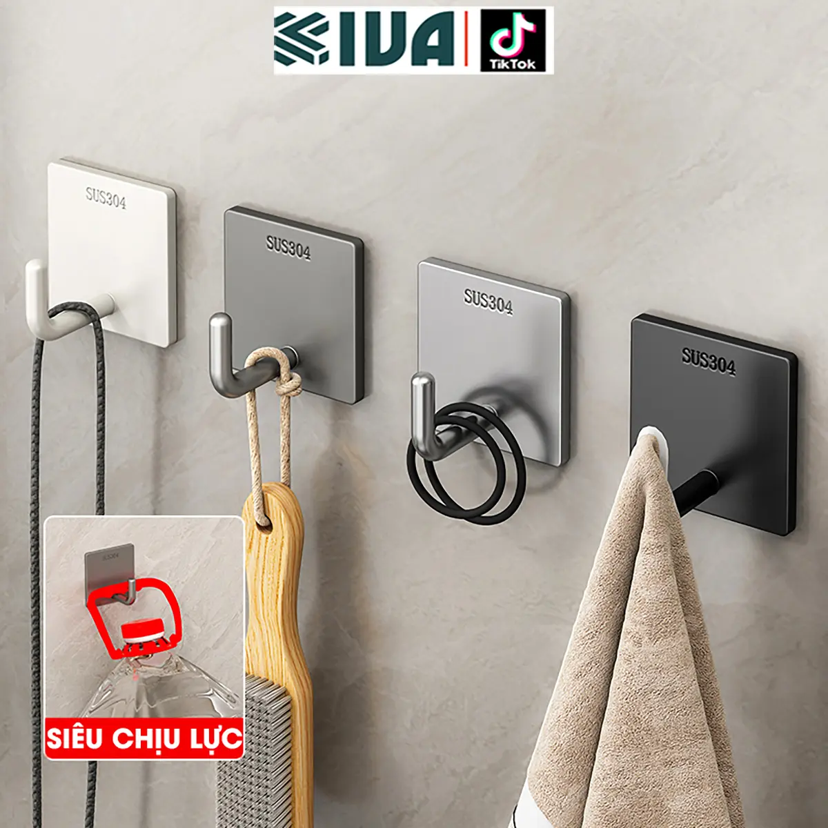 Móc dán tường chịu lực siêu dính KIVA, chất liệu inox 304, lắp đặt không cần khoan, bảo hành 1 năm.