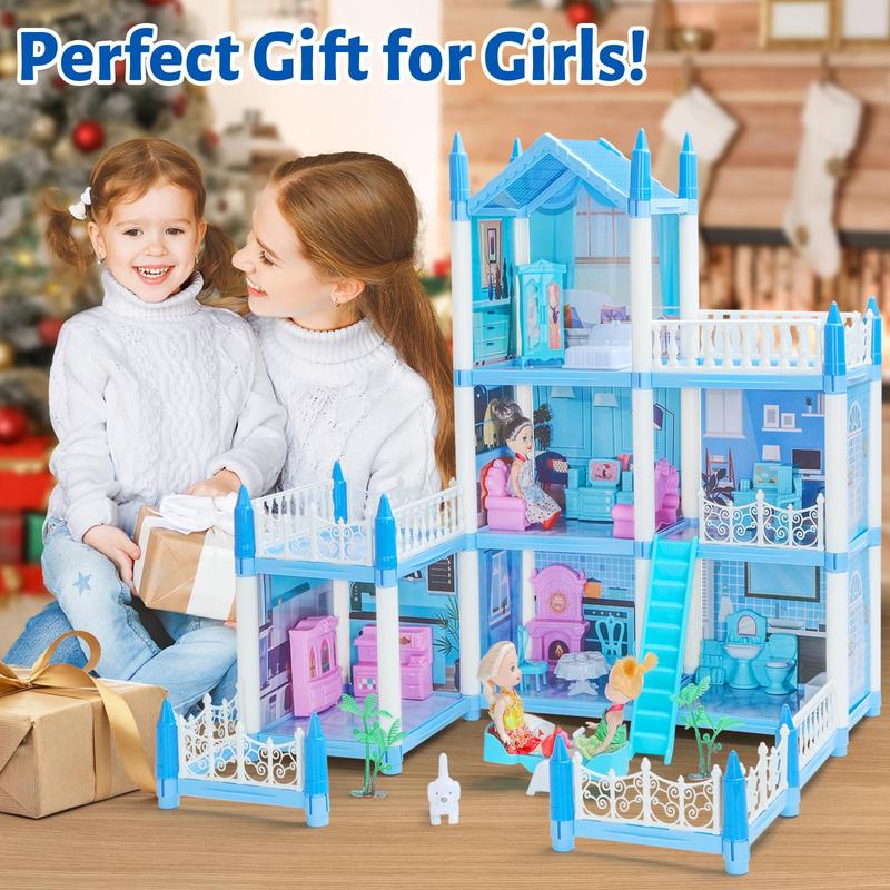 1 Set Doll House With 4 Dolls, DIY Doll House Kit, Pretend Play Dollhouse Toy For Kids, Miniature Furniture 6