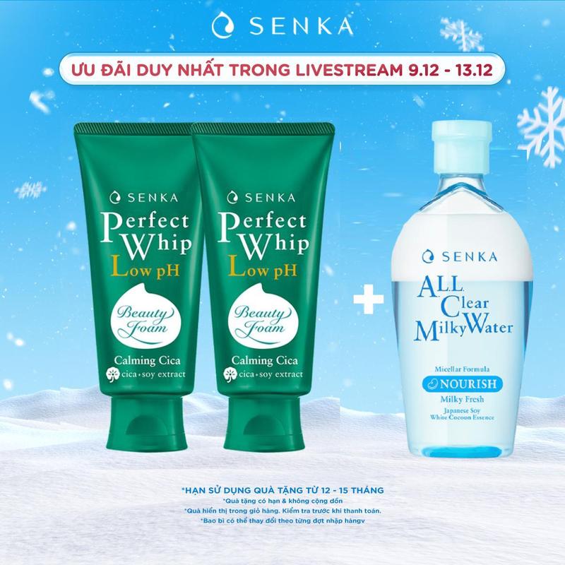 [][Võ Hà Linh x SENKA] COMBO 2 Sữa rửa mặt rau má lành tính SENKA PERFECT WHIP LOW pH CALMING CICA 100Gx2 tặng Nước tẩy trang Micellar Không Cồn sạch sâu lớp trang điểm đậm SENKA A.L.L CLEAR MILKY WATER 230ML