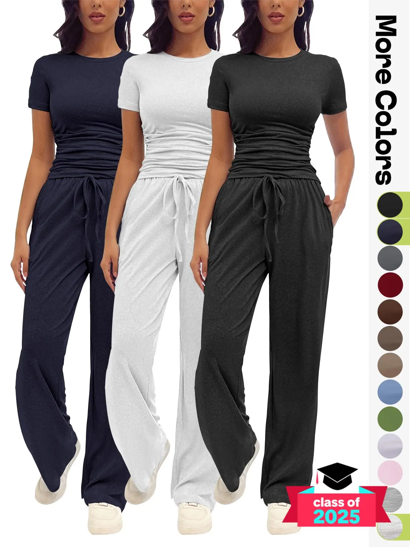Women's Solid Round Neck Tee & Wide Leg Pants Loungewear Two/six Piece Set, Casual Comfy Pyjama Set for Women, Comfy Loungewear Set for Daily Home Wear, Pajamas, Womenswear