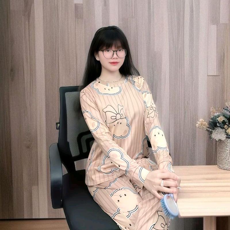 Bộ đồ ủ kem cổ tròn thun tăm lạnh 3D tăm lạnh tay dài quần dài in hoạ tiết dễ thương Women Top Áo Nhung Voi