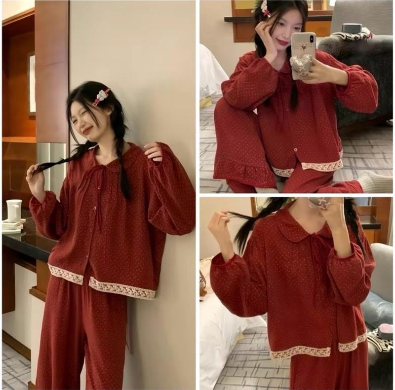 Product Introduction of Bộ pijama hoa nhí đỏ, sét bộ ngủ chất xô Muslin cổ sen tay bồng phối ren bèo đáng yêu mặc được cả hè và đông cho nữ 10