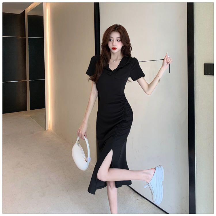 Product Introduction of Casual new style fashionable split mid length hooded skirt with women's summer temperament, waist cinched short sleeved drawstring dress 13