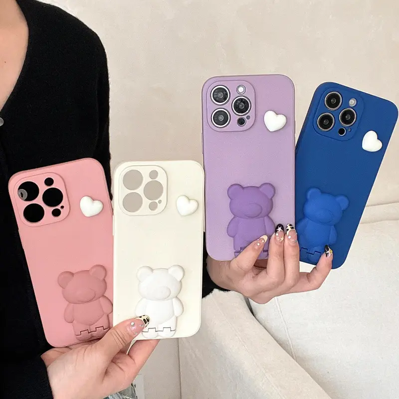 Cute Bear Design Phone Case with Stand, Anti-slip & Anti-drop Cell Phone Soft Case, Phone Accessories Compatible with iPhone 16 15 14 13 12 11 Plus Pro Max E / Samsung S21-S25 Pro Plus FE Ultra Series, Casing 6