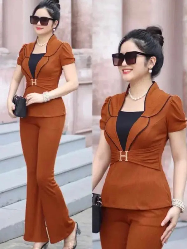 SÉT BỘ QUẦN ỐNG LOE GIẢ VEST ĐÍNH CHỮ H - THU XỐP  - HTL06 Nữ Women Áo Thun Top 2