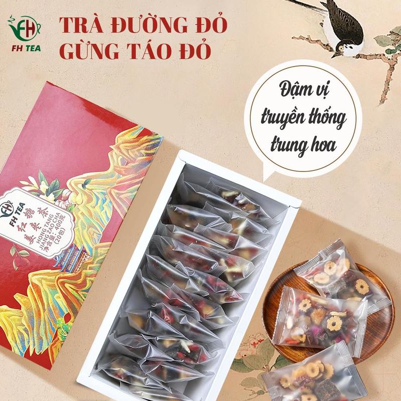 HỘP 20 GÓI TRÀ THẢO MỘC TÁO ĐỎ ĐƯỜNG ĐEN HỖ TRỢ BỔ HUYẾT, BỔ KHÍ, DƯỠNG NHAN FH TEA-400G Nước Trà Chè trà dưỡng sinh