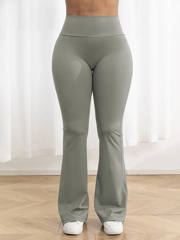 【Plus Size】 Solid Color Flare Leg Sports Pants, High Stretch Yoga Pants, Ladies Sportswear for Indoor Outdoor Wear 1