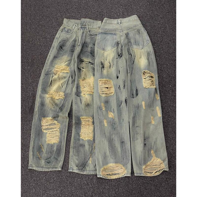 Dài 105cm Quần suông vải QC phối rách màu bụi vàng phủ sơn kiểu Q1079 S-2XL
