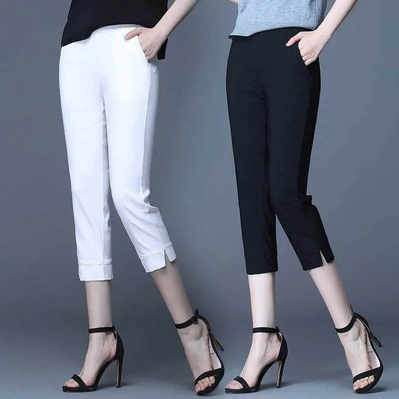 Quần lửng cho phụ nữ, Ngoại Cỡ, Mỏng, Quần Thường Ngày Quần Legging nữ, Quần Cropped xén, Eo co giãn, Quần đùi thanh lịch, Thích hợp cho mùa hè Pants Women Trắng