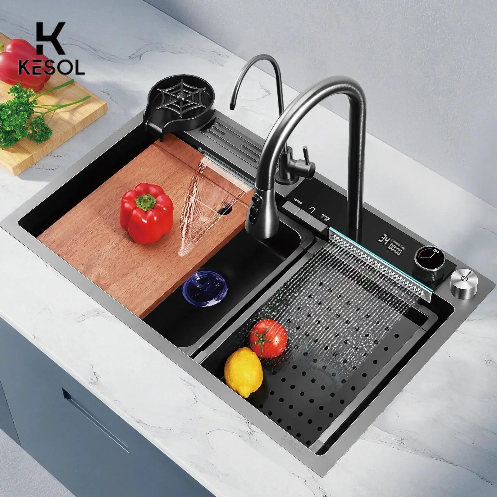 Kesol Stainless Steel Smart Waterfall Kitchen Sink Single Bowl Digital Display Honeycomb Nano Modern Workstation Sink with Pull Down Faucet Multifunctional Topmount Sink Handmade