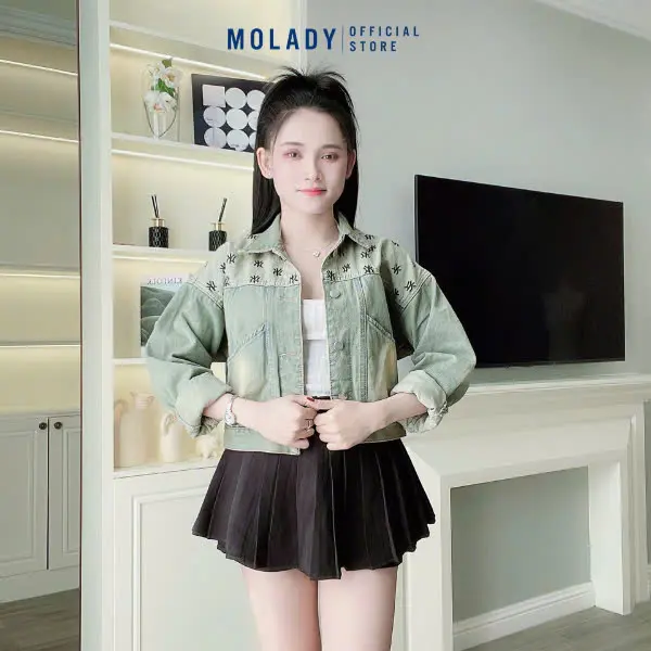 Áo Khoác Jean Nữ MOLADY K120 Thiết Kế Thêu Xương Rồng Sang Trọng Cao Cấp Top Jacket Cotton