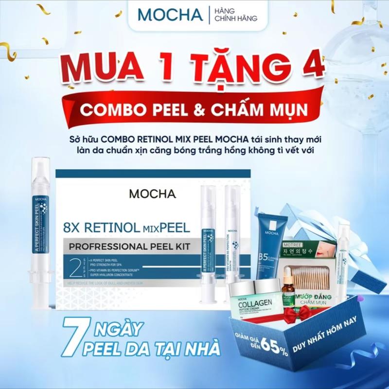 COMBO Kem Peel Da Mocha + Chấm Mụn Mướp Đắng , Tặng Kèm Tinh Chất B5, Kem Dưỡng và Sữa Rửa Mặt.