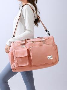 2024 summer women's fashion large capacity travel bag, solid color letter patch zipper pocket travel bag, casual lightweight travel bag for gym & short business trips