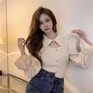 เสื้อเชิ้ตผ้าถัก เรียบหรู แขนพัฟ อ่อนโยน ฤดูใบไม้ผลิ ฤดูใบไม้ร่วง เสื้อฐานไขลวดสั้น เสื้อเซ็กซี่