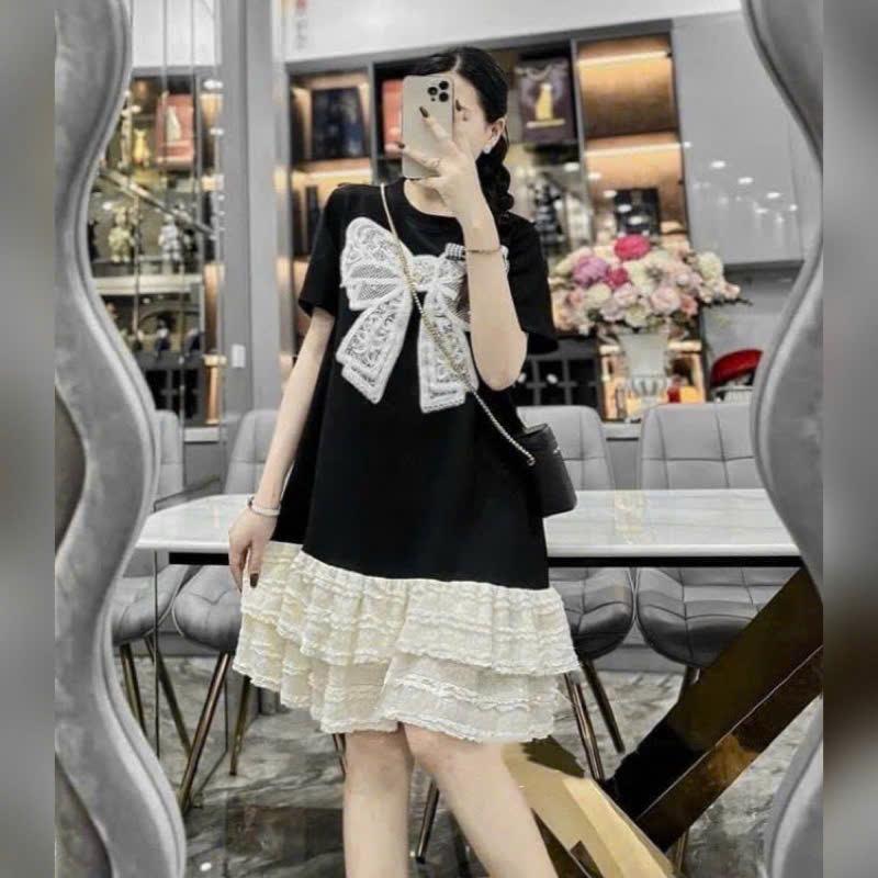 Váy Bầu Gắn nơ ở ngực,phối chân ren tầng xinh xắn chất cotton dày dặn mặc thoải mái,thấm hút mồ hôi Nữ Women Dress Đen  Viền Ren đầm  bầu Voan Voi babydoll