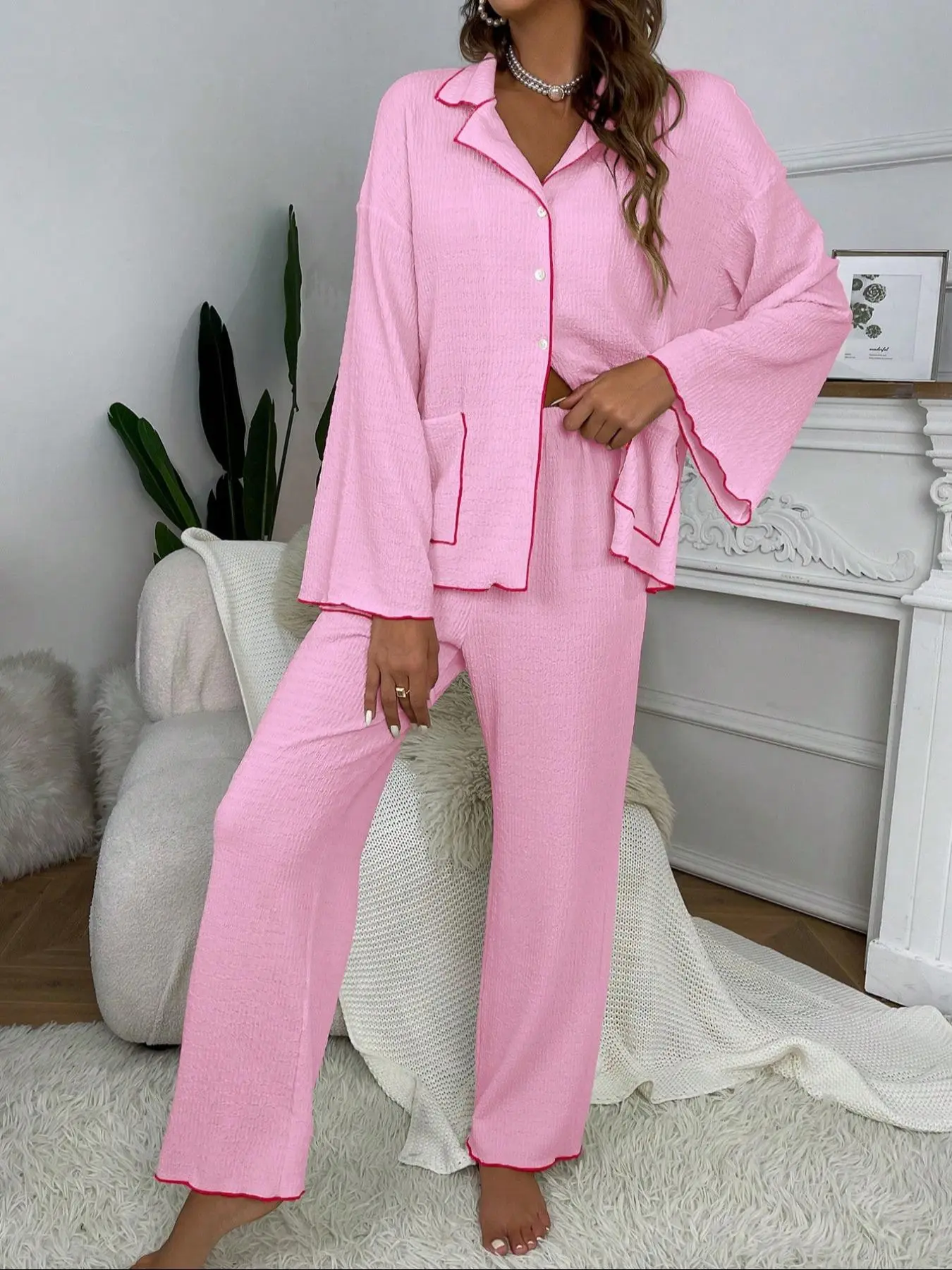 Two-piece Set Women's Contrast Binding Top & Pants Pyjama Set, Casual Comfy Long Sleeve Top & Trousers Pj Set, Ladies Sleepwear for All Seasons, Pajamas