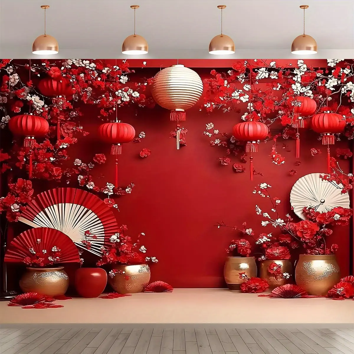Phông nền Polyester, Chủ đề năm mới Trung Quốc, Thiết kế đèn lồng và hoa màu đỏ, Phông nền chụp ảnh, Trang trí tường dễ treo, Thích hợp cho các lễ hội Trong Nhà và ngoài trời, Đồ dùng tiệc tùng, 1 cái